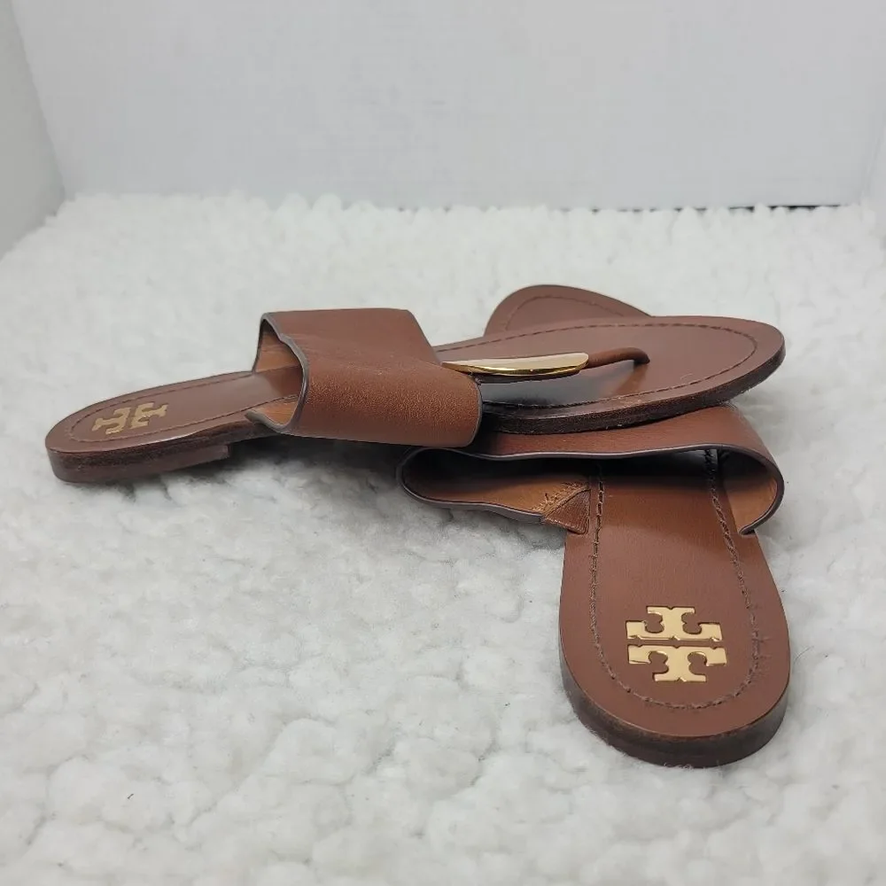 Tory Burch Patos Disk Womens Flip Flops Sandals Size 8.5 Brown Leather